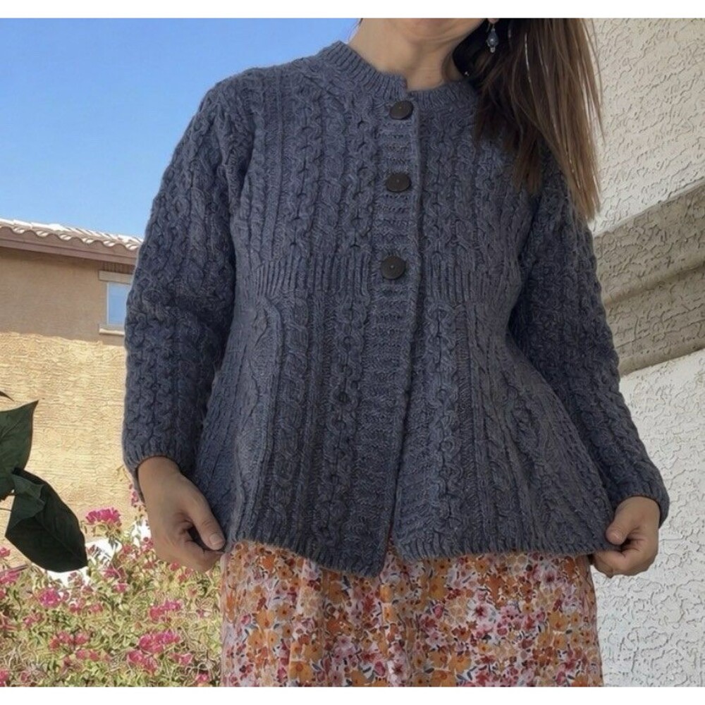 Shannon LARGE Woolen Mills Blue 100% Merino Wool Chunky Cardigan Cable Sweater